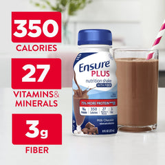 Glass with Ensure Plus Milk Chocolate shake and straw for a snack.