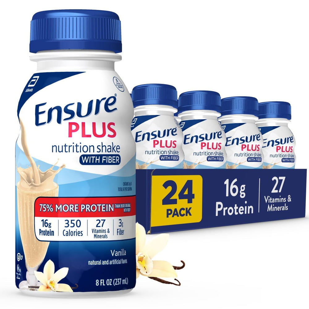 Ensure Plus Vanilla bottle shows convenient ready-to-drink nutrition on the go.