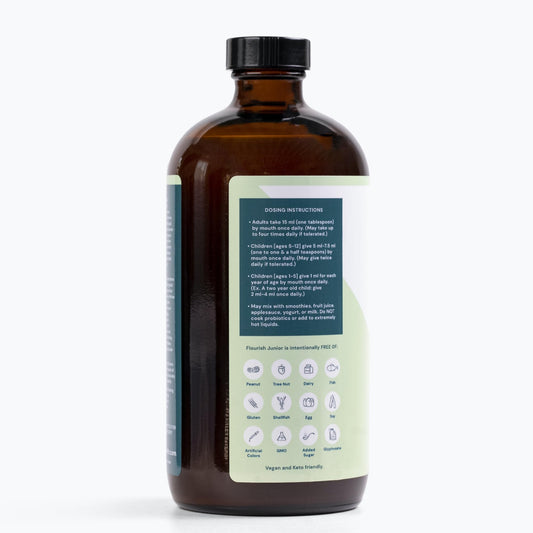 ENTEGRO Flourish Junior label on glass bottle; vegan and allergen-free formula