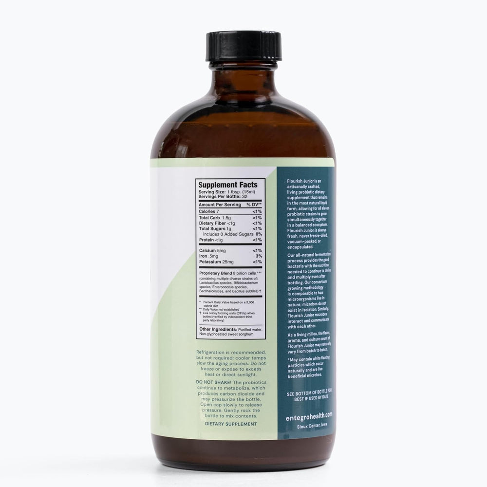 ENTEGRO Flourish Junior bottle label highlights organic, non-GMO ingredients and 11 live strains