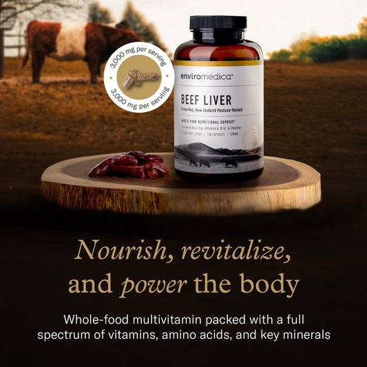 EnviroMedica freeze-dried liver pills closeup highlights rich vitamins for vitality.