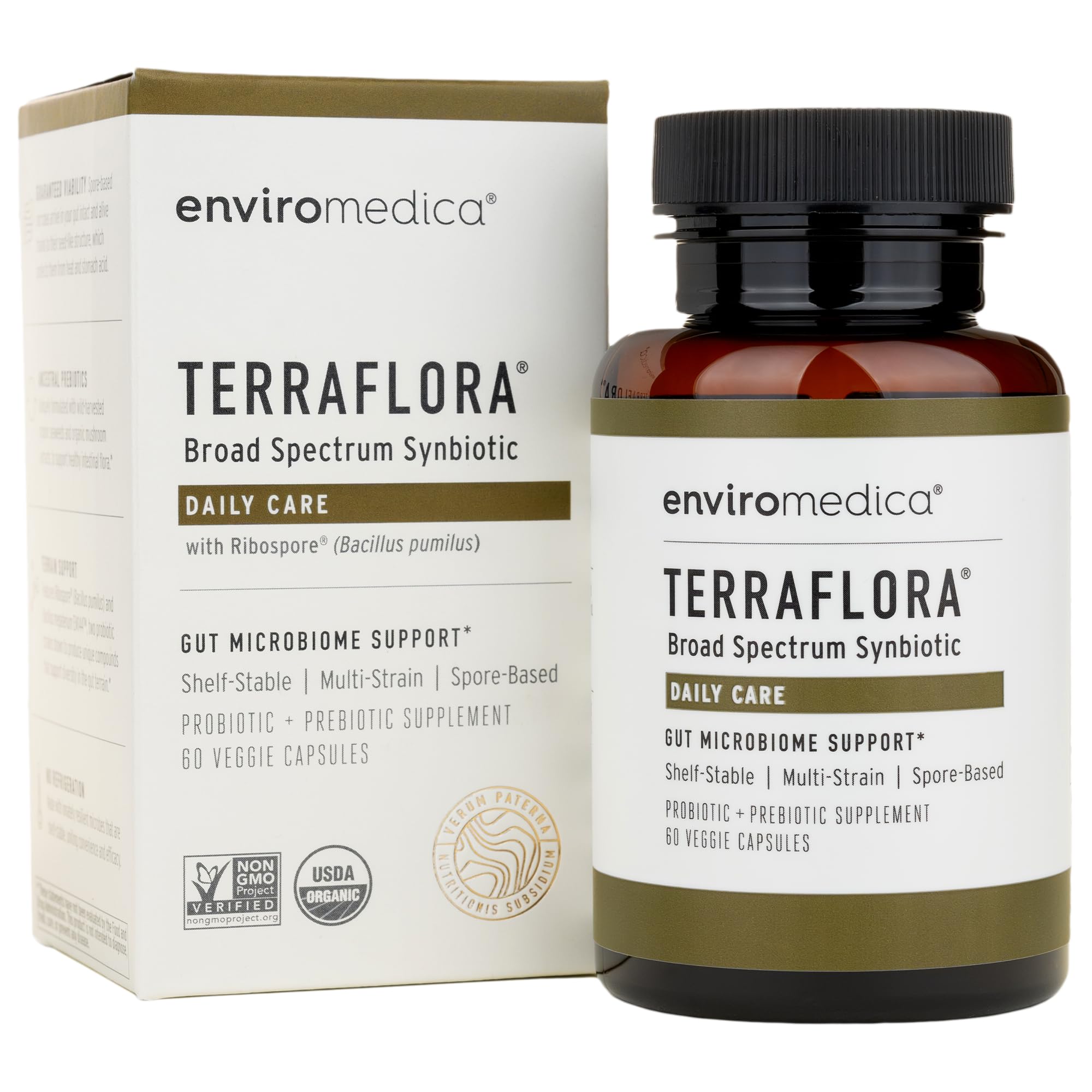 Enviromedica Terraflora Daily Care bottle showcasing shelf-stable synbiotic for gut support.