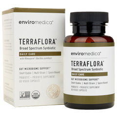 Enviromedica Terraflora Daily Care bottle showcasing shelf-stable synbiotic for gut support.