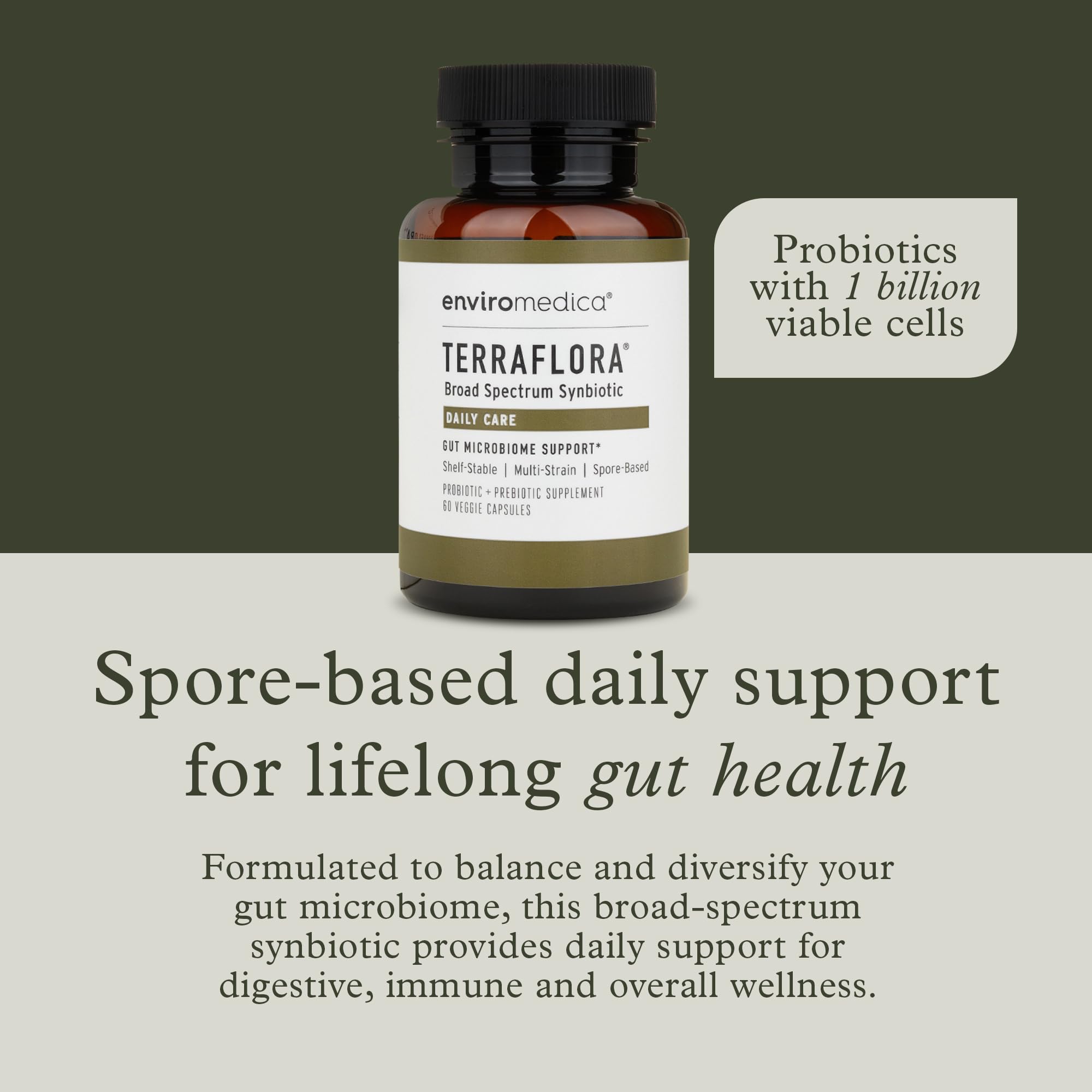 Enviromedica Terraflora Daily Care capsules ready to take anywhere for daily gut balance.
