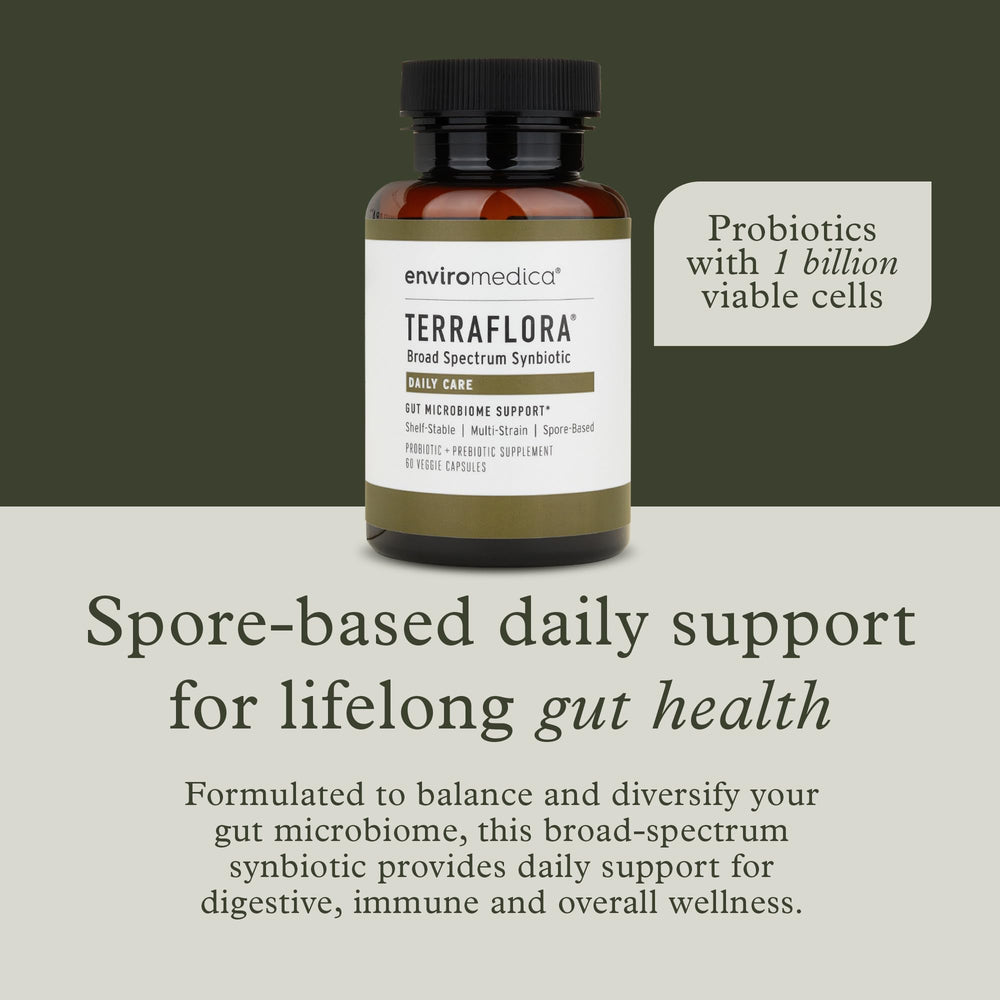 Enviromedica Terraflora Daily Care capsules ready to take anywhere for daily gut balance.