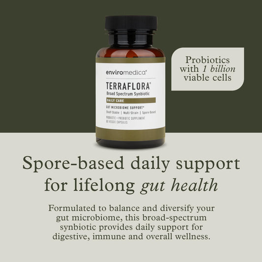Enviromedica Terraflora Daily Care capsules ready to take anywhere for daily gut balance.