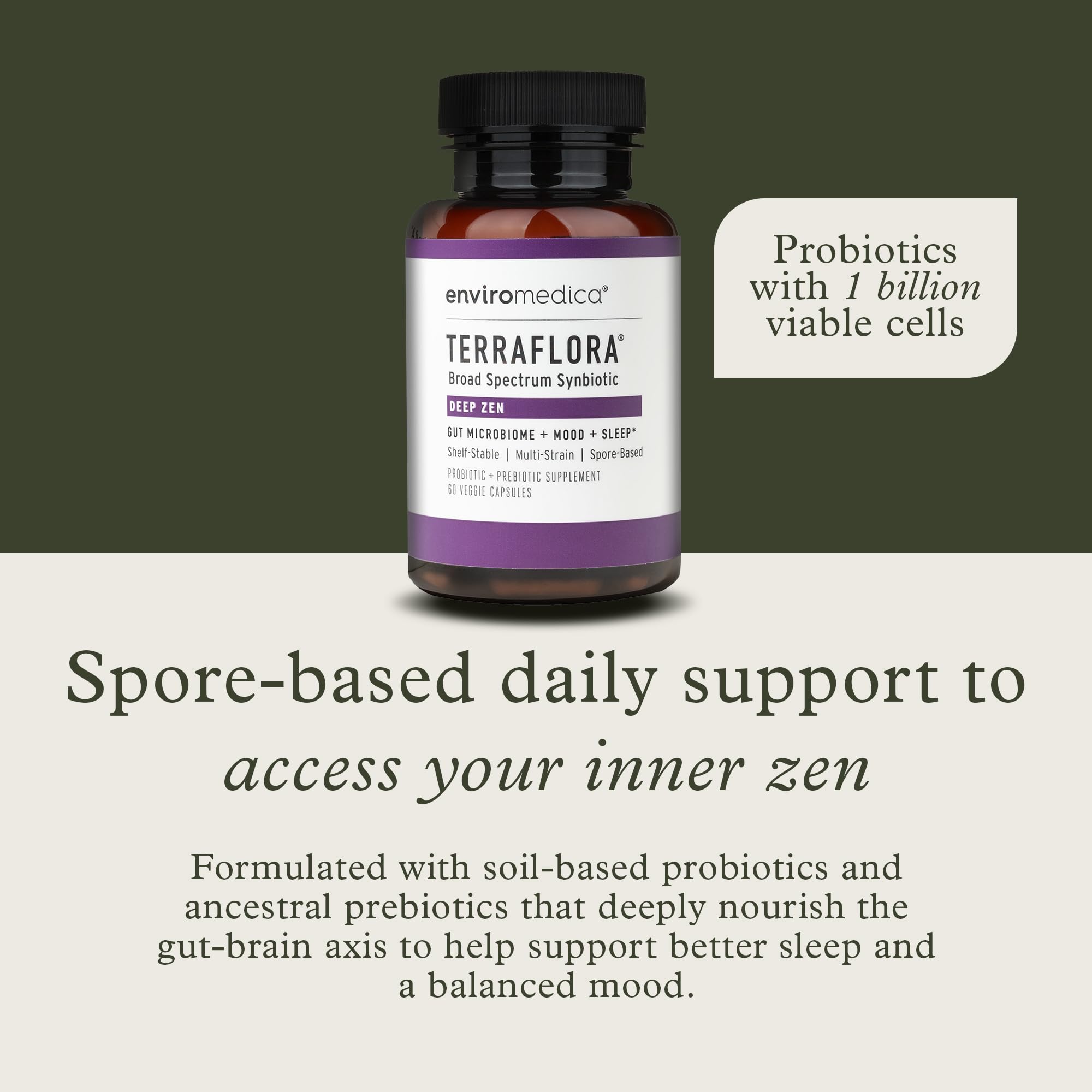 Enviromedica Terraflora Deep Zen capsules closeup highlights shelf-stable spore probiotics for daily use.