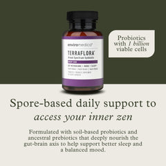 Enviromedica Terraflora Deep Zen capsules closeup highlights shelf-stable spore probiotics for daily use.