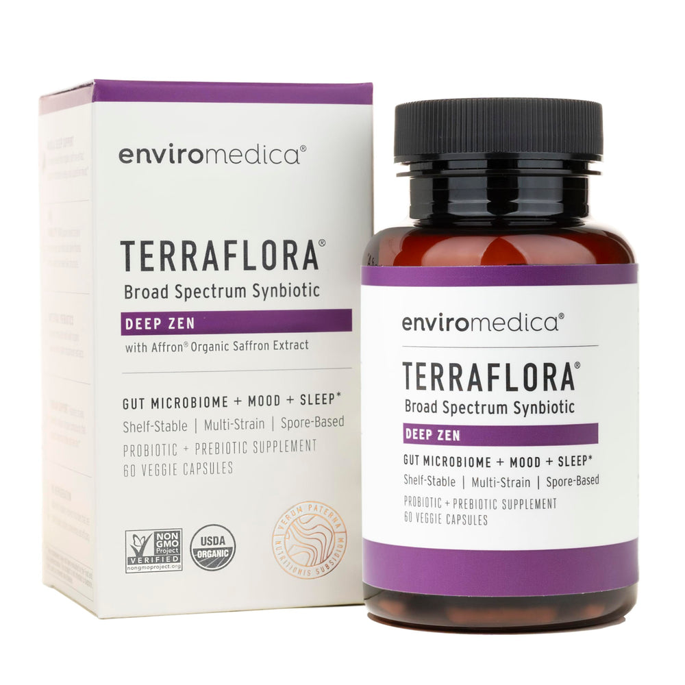 Enviromedica Terraflora Deep Zen bottle reveals a synbiotic formula for gut-brain balance.