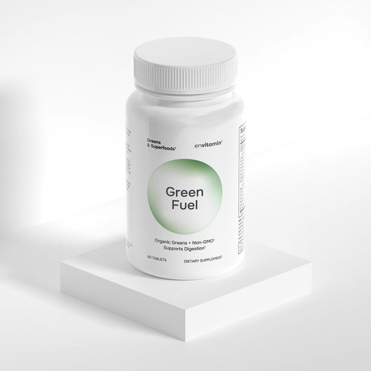 Envitamin Green Fuel bottle label close-up showing organic certification