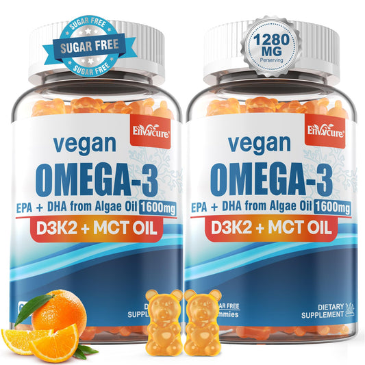 EnvyCure vegan omega-3 gummies bottle showing a fish-free, brain-supporting supplement