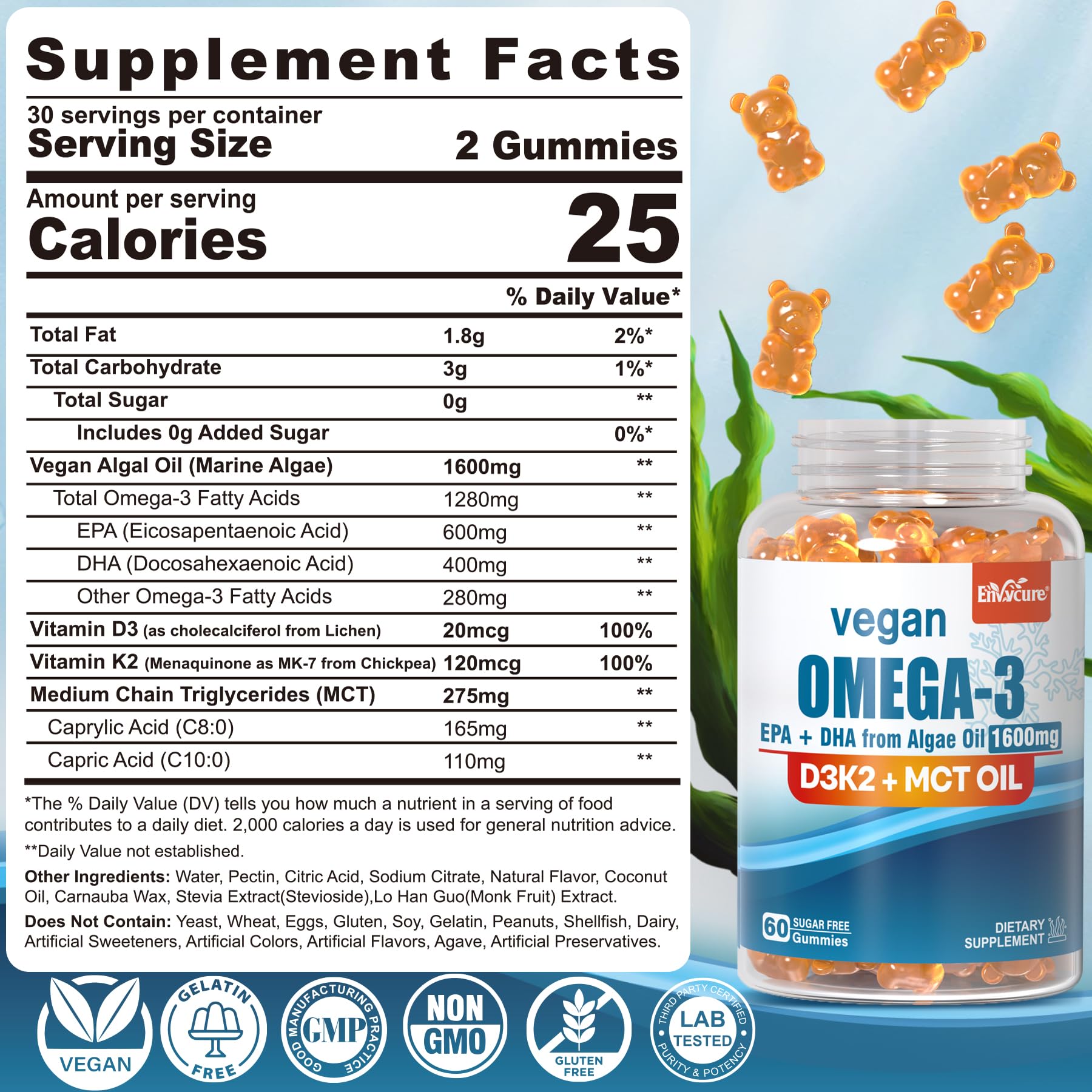 EnvyCure vegan omega-3 gummies orange flavor close-up, sugar-free and gelatin-free