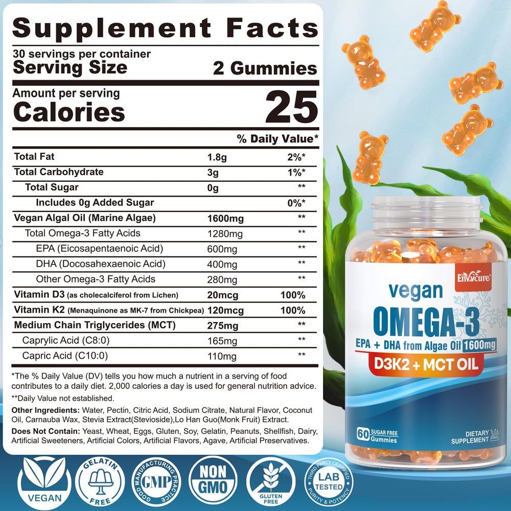 EnvyCure vegan omega-3 gummies orange flavor close-up, sugar-free and gelatin-free