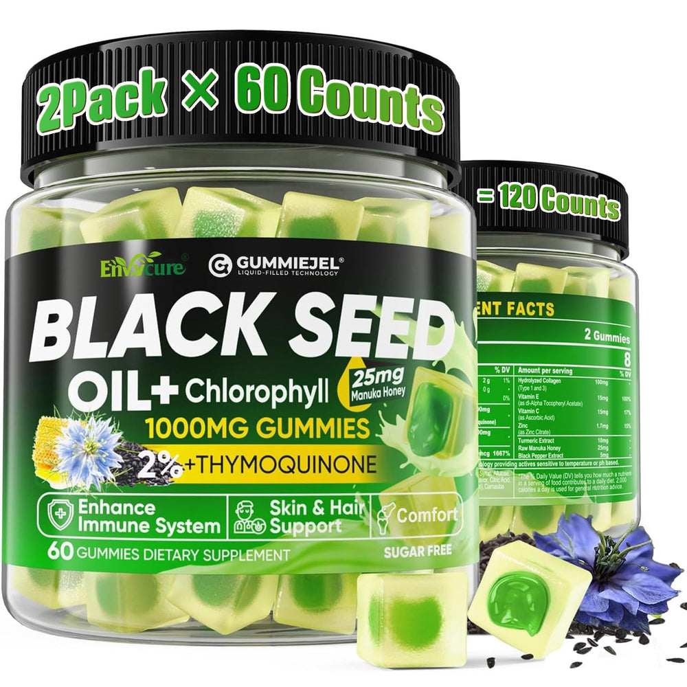 EnvyCure black seed gummies bottle pour for daily wellness