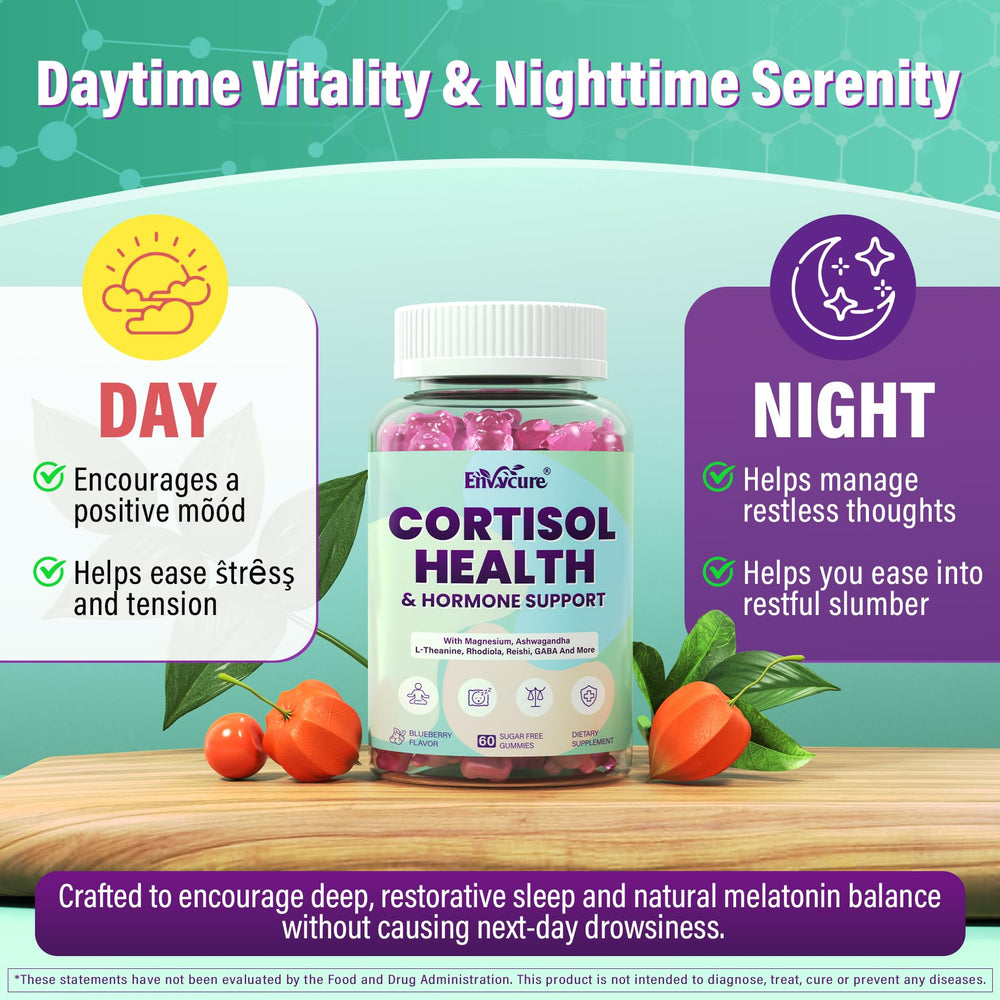 Desk scene with EnvyCure Cortisol Gummies suggesting focus and balanced mood.