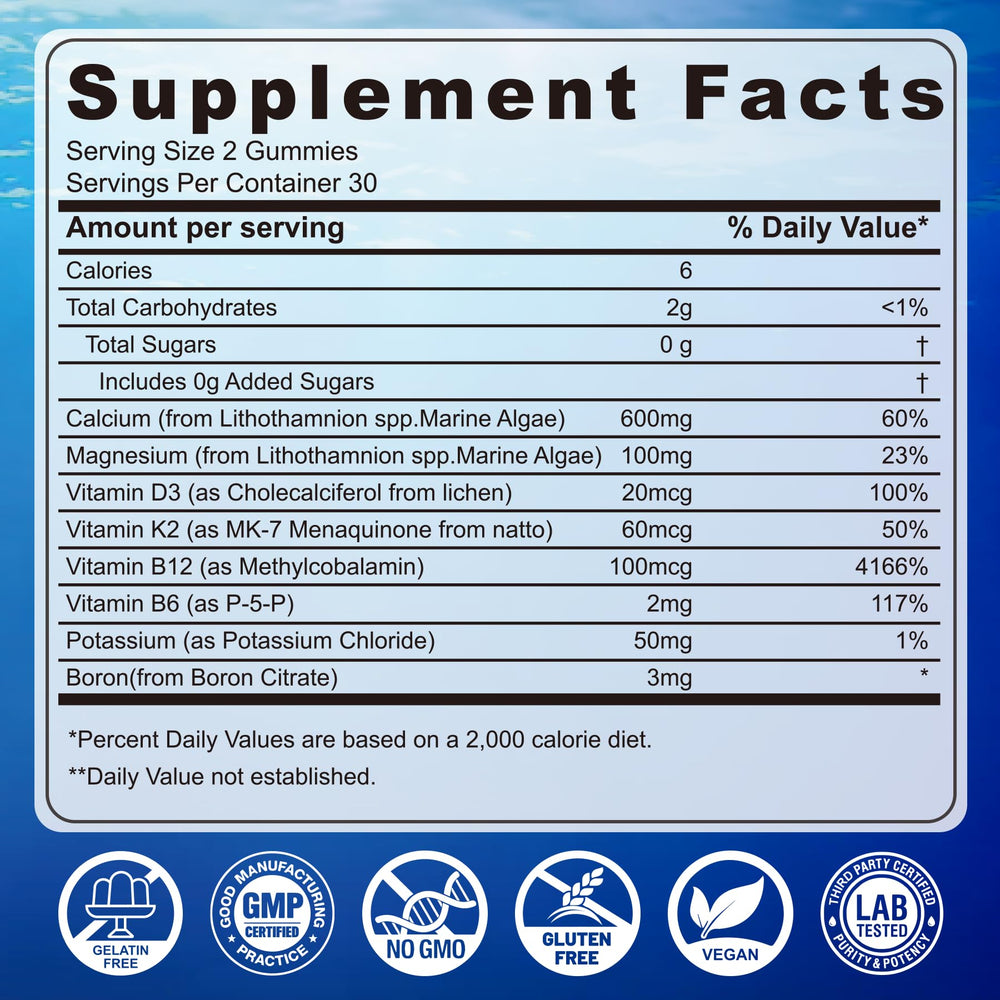 Vitamin D3, K2, and magnesium blend supports calcium absorption.
