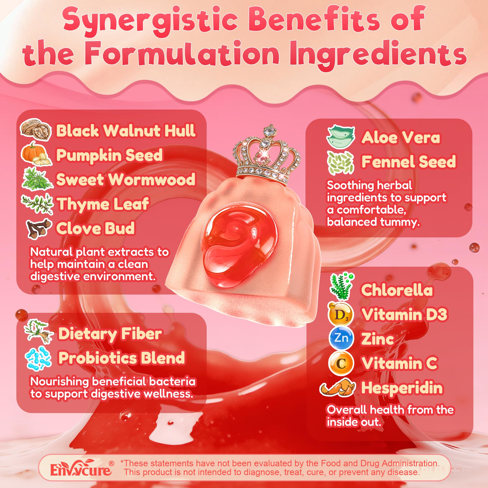 Dosing guide card showing age-based gummy amounts for toddlers and older kids.