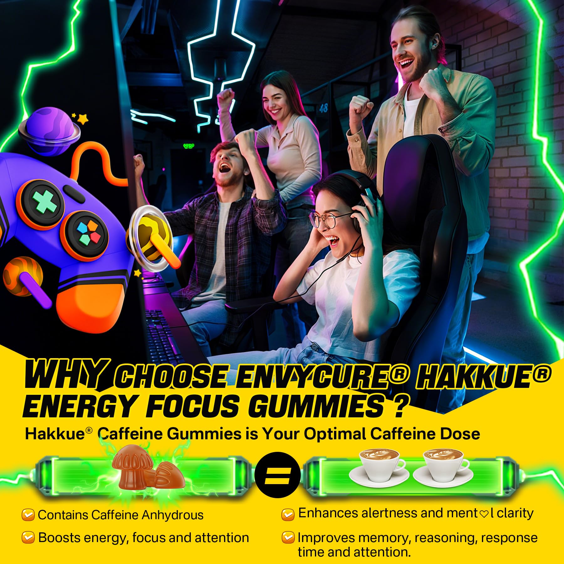EnvyCure Energy Focus Gummies bottle label emphasizes 70 mg caffeine per serving.