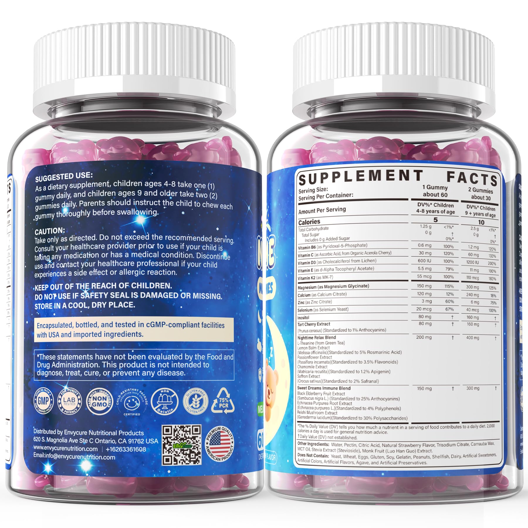 EnvyCure gummies serving illustration suggests a safe bedtime routine for kids.