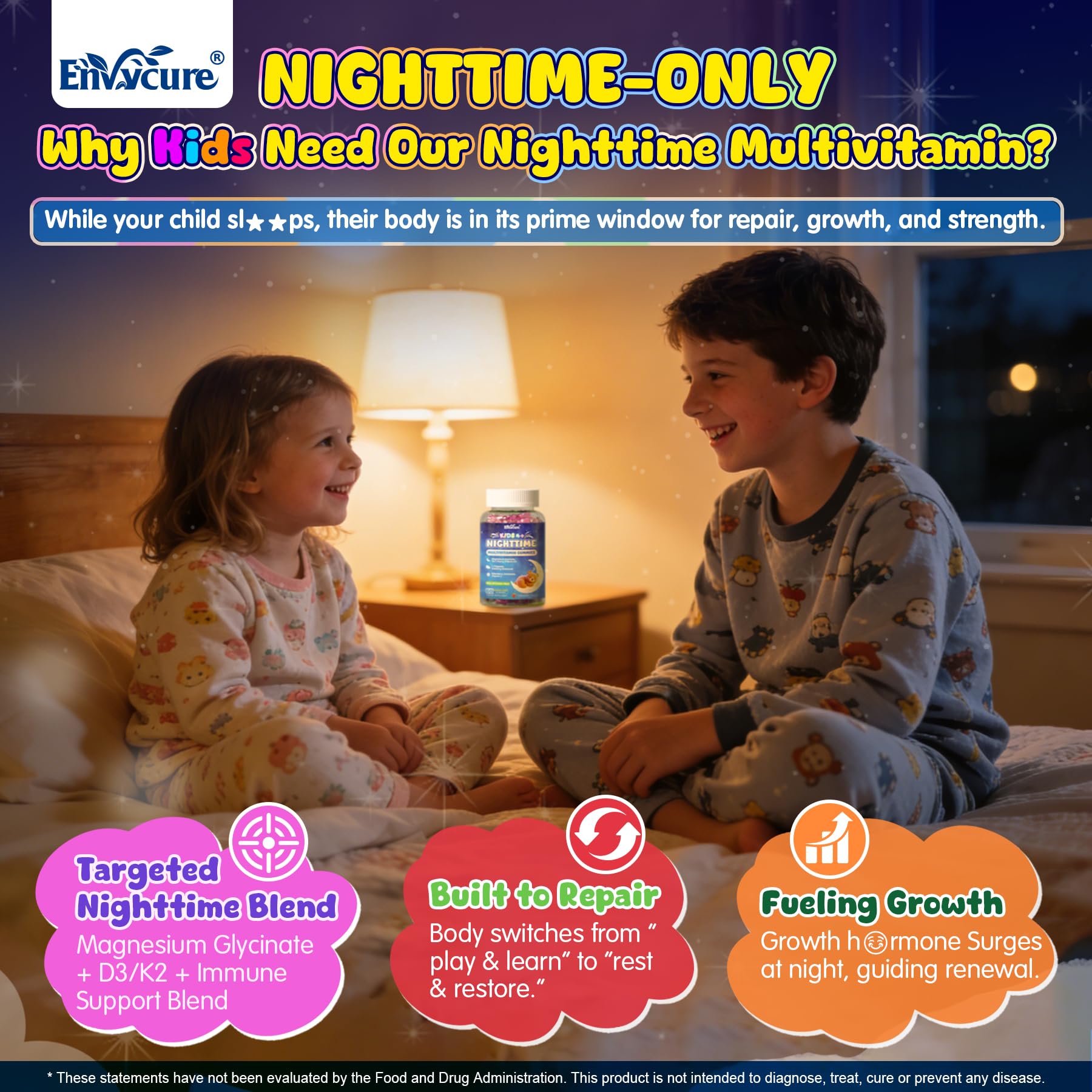 EnvyCure Nighttime multivitamin nutrition panel image emphasizing essential minerals for bones and immunity.