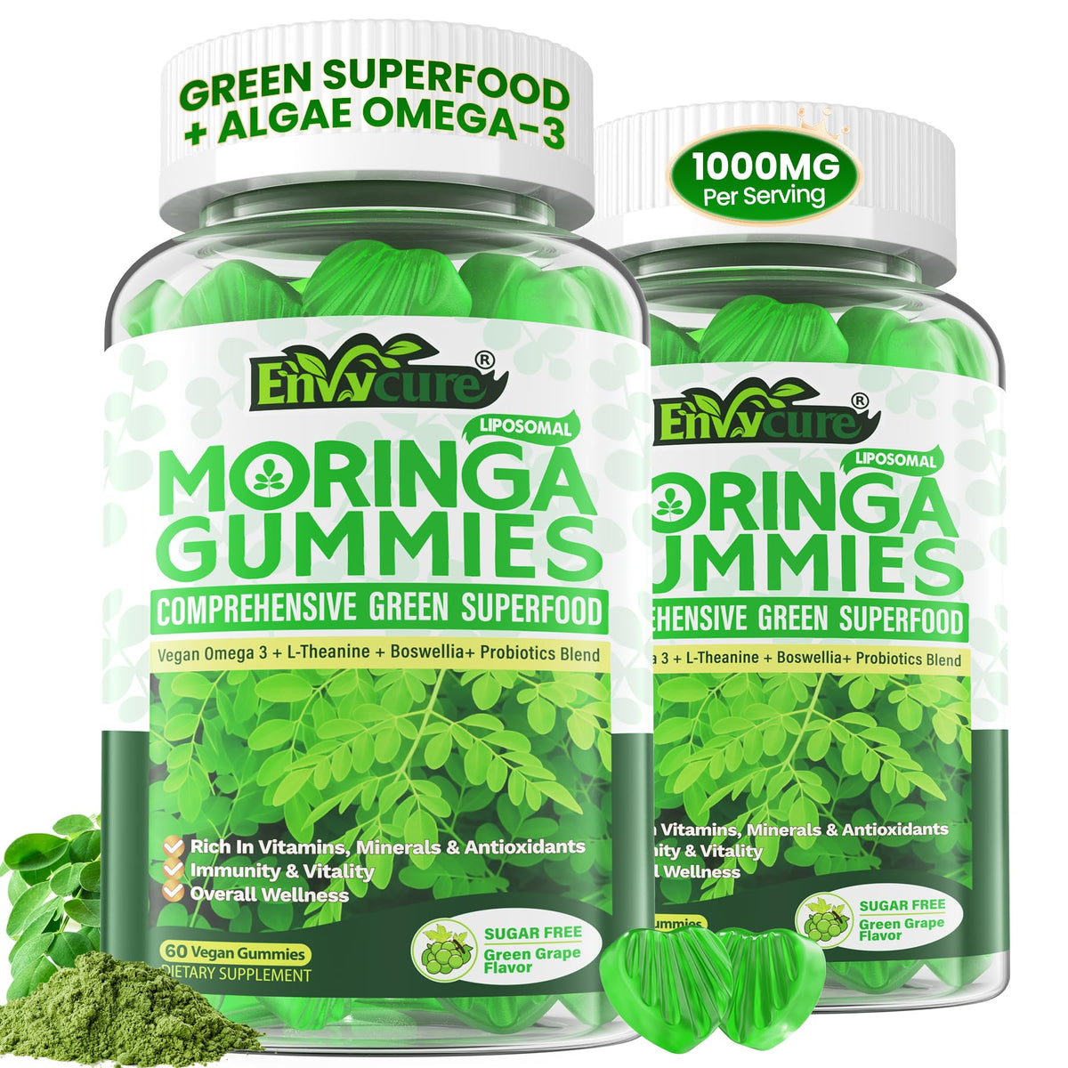 EnvyCure liposomal moringa gummies bottle highlighting energy support