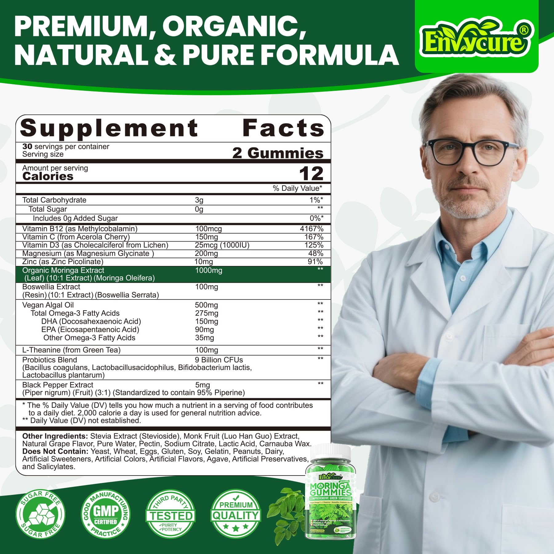 EnvyCure moringa gummies with algae omega-3 showing heart and brain support