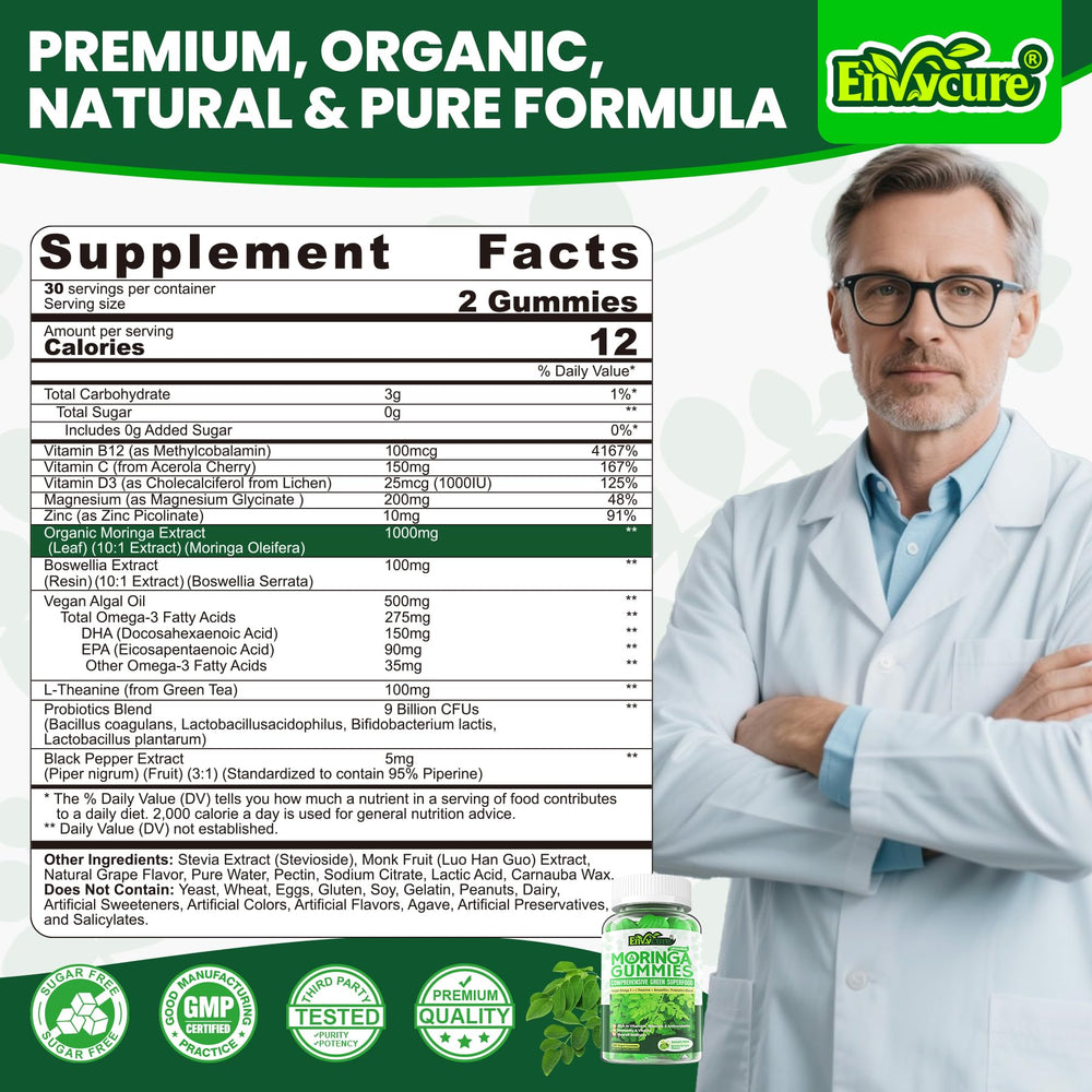 EnvyCure moringa gummies with algae omega-3 showing heart and brain support
