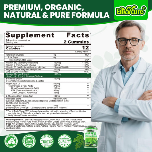 EnvyCure moringa gummies with algae omega-3 showing heart and brain support