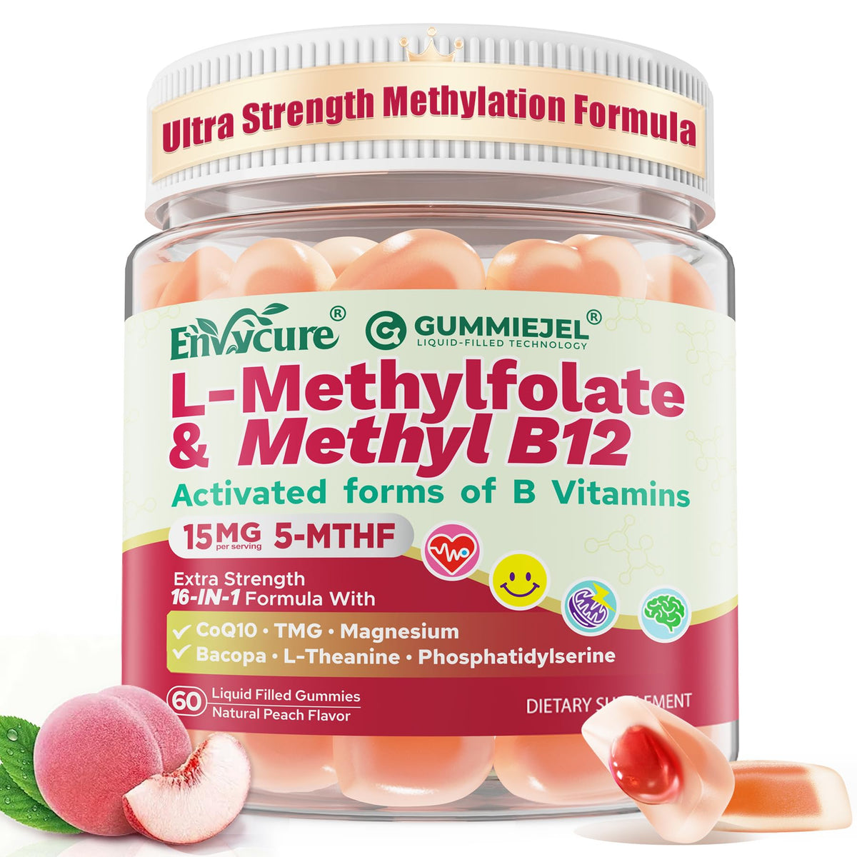 EnvyCure L-Methylfolate B12 gummies bottle shows active folate for steady energy.
