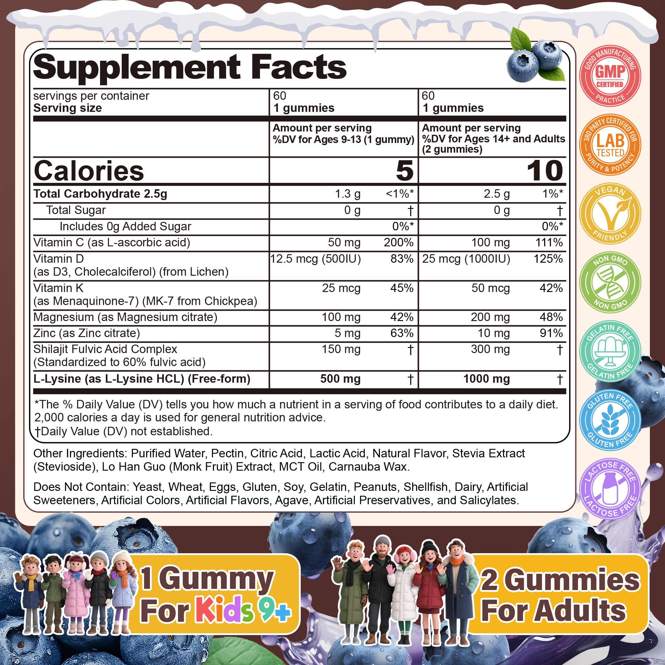 EnvyCure L-Lysine Gummies for kids 9+ dosing panel