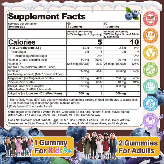 EnvyCure L-Lysine Gummies for kids 9+ dosing panel