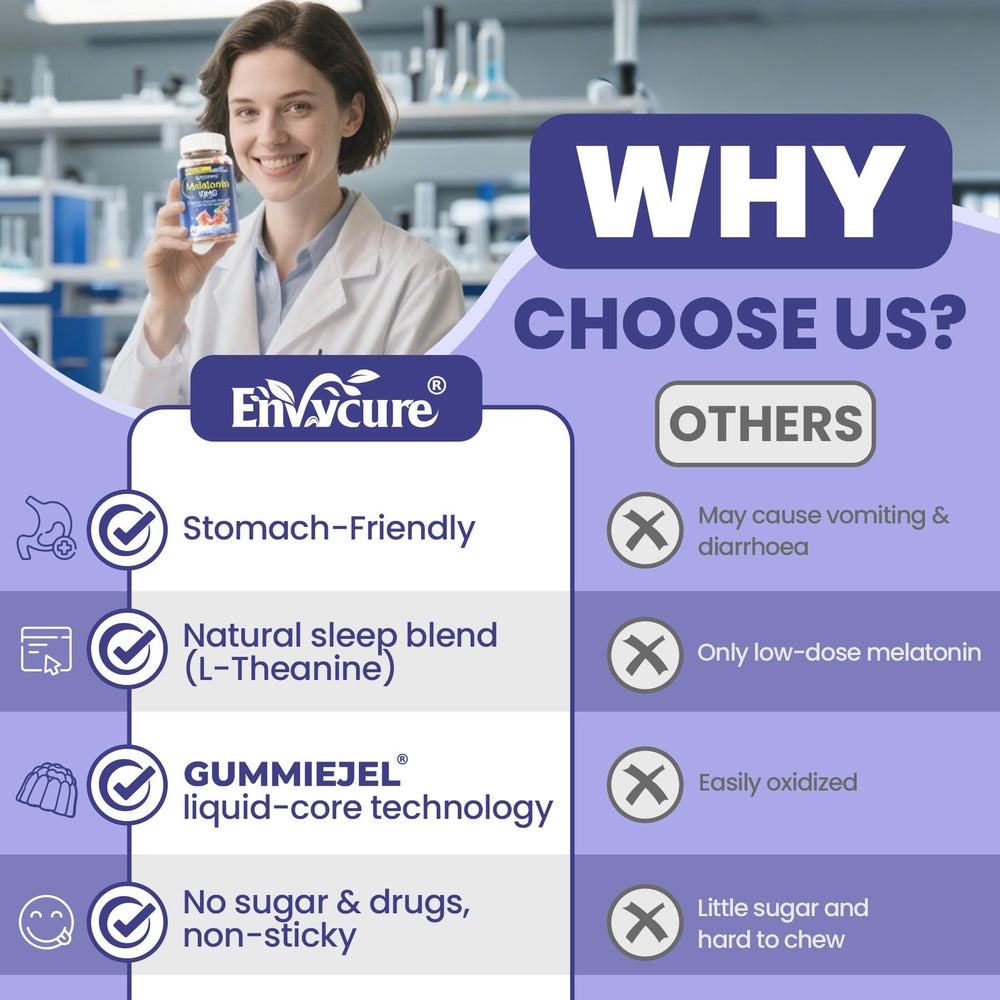 EnvyCure Melatonin Gummies vegan formula logo emphasizing non-GMO and vegan status.