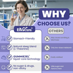 EnvyCure Melatonin Gummies vegan formula logo emphasizing non-GMO and vegan status.