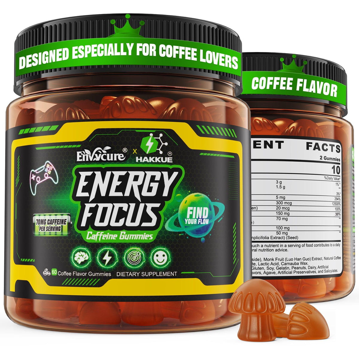 EnvyCure Neuro-Balanced Energy Gummies coffee bottle promotes smooth daytime energy