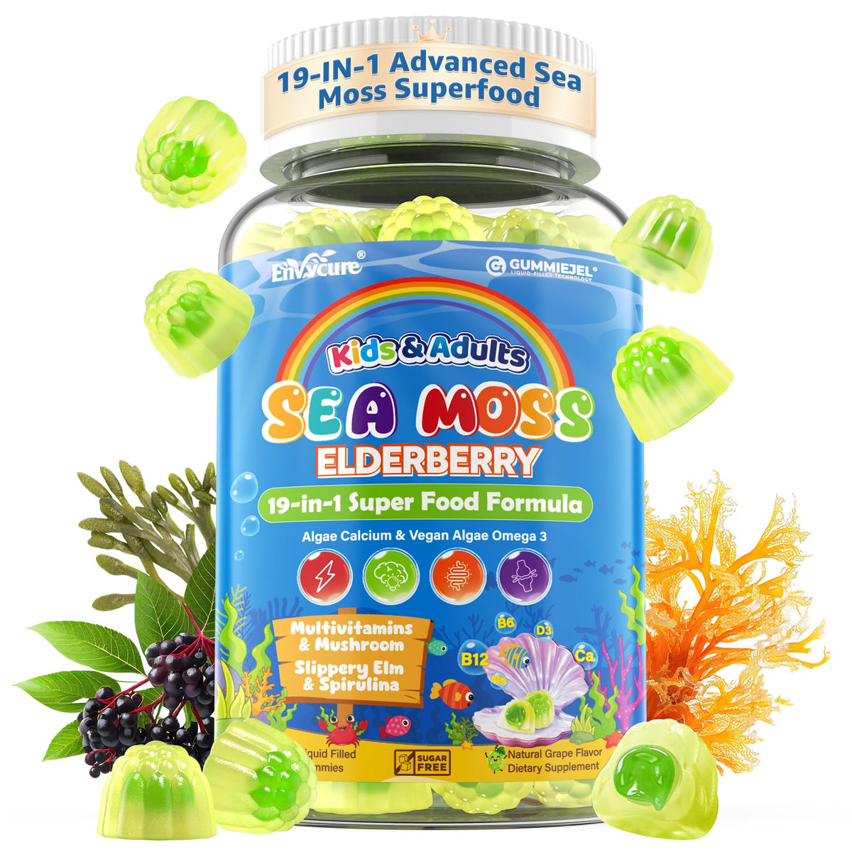 EnvyCure Sea Moss Elderberry Gummies bottle showing family-friendly immune wellness