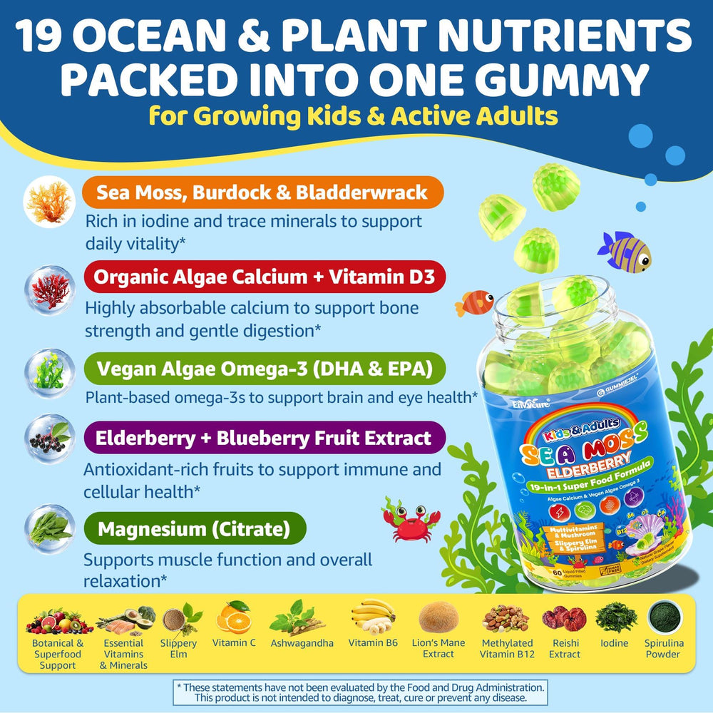 EnvyCure Sea Moss Elderberry Gummies bottle label with ingredients and benefits