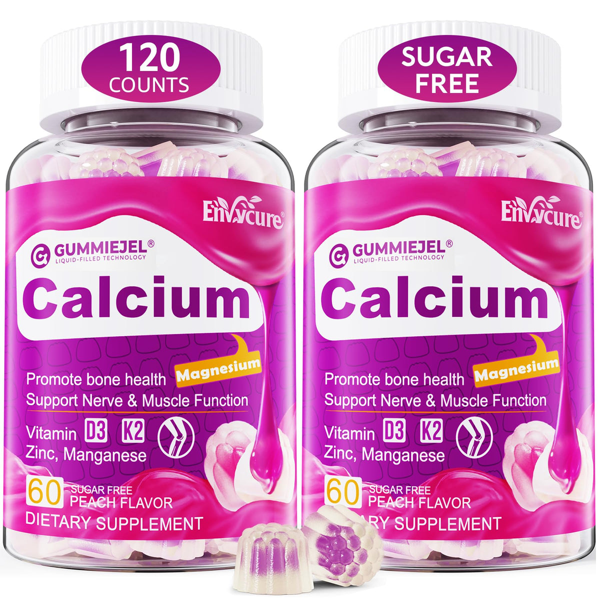 EnvyCure sugar-free calcium citrate gummies bottle highlighting vegan bone support