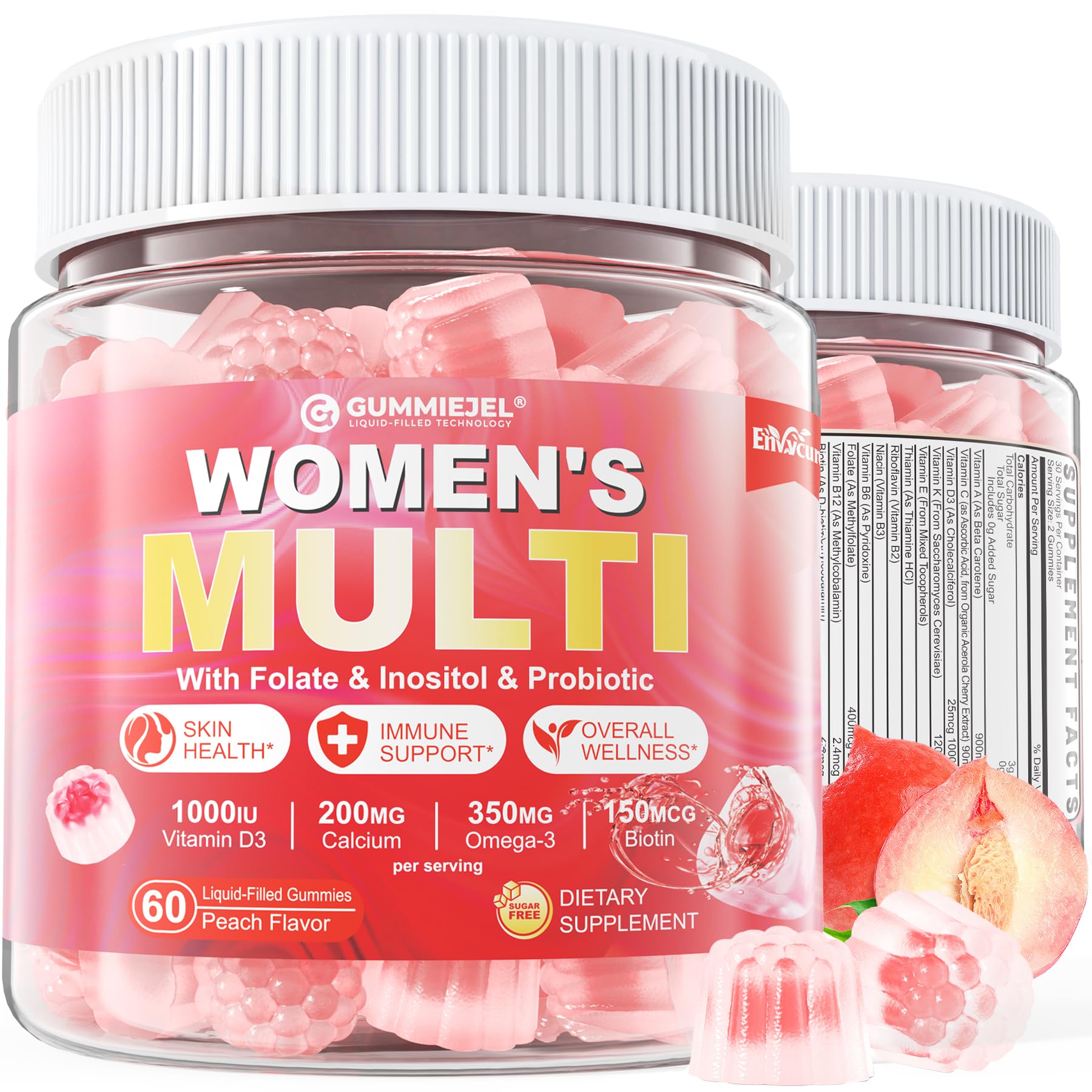 EnvyCure sugar-free women's multivitamin gummies bottle close-up for daily immune support.