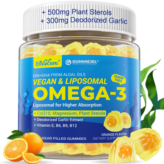EnvyCure Vegan Omega-3 Gummies bottle showcases plant-based omega-3 for heart and brain support