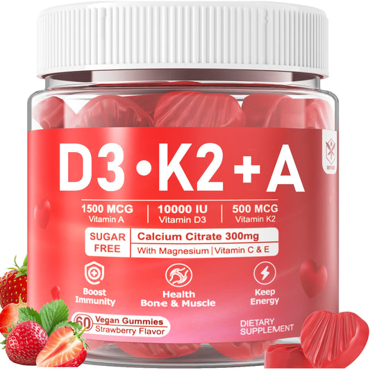 EnvyCure Vitamin D3 K2 A Gummies bottle front, vegan formula for bone support.