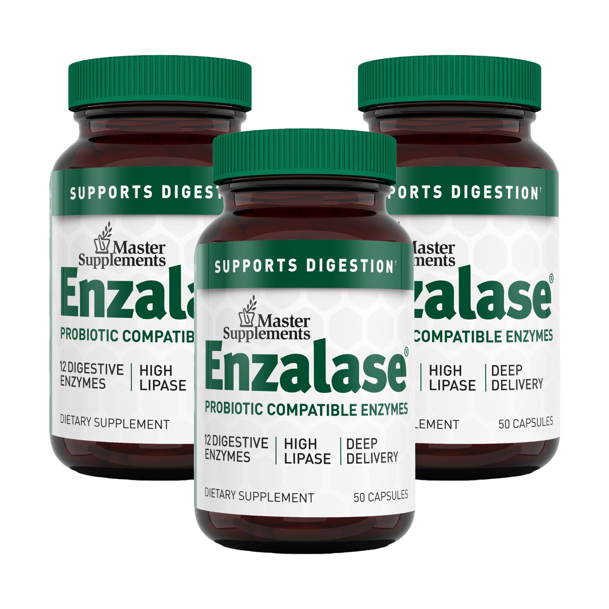 Enzalase master supplements bottle front displaying vegan enzymes for digestive support.