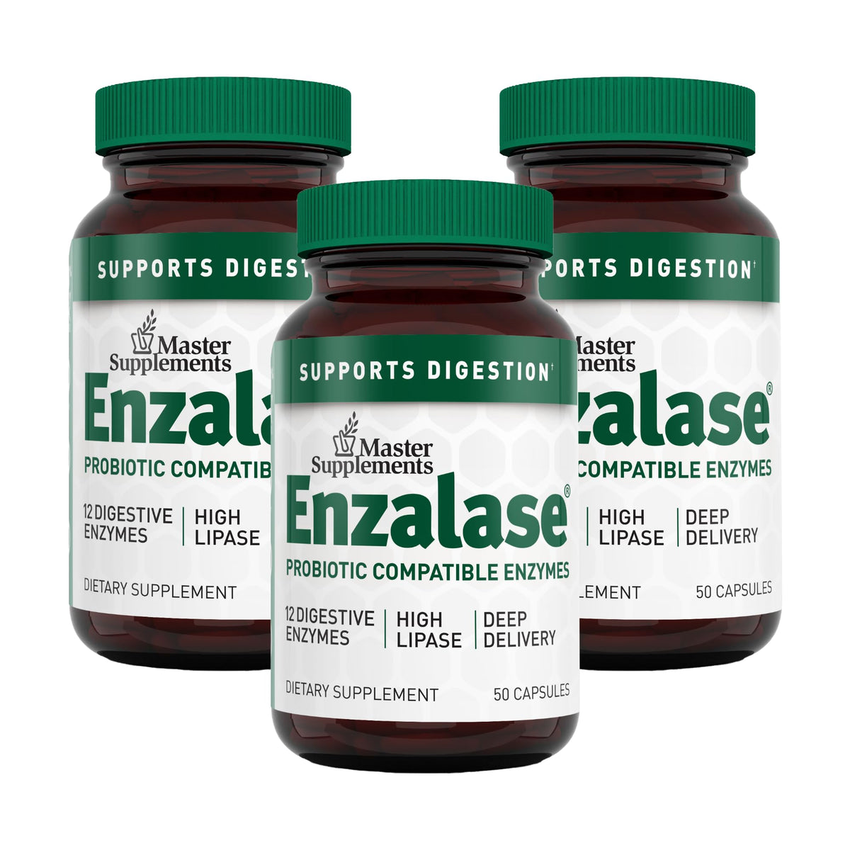 Enzalase master supplements bottle front displaying vegan enzymes for digestive support.