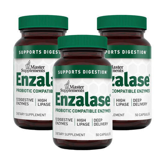 Enzalase master supplements bottle front displaying vegan enzymes for digestive support.