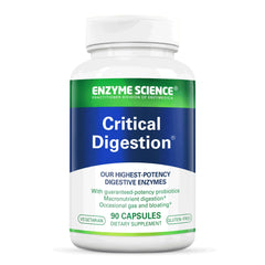 Enzyme Science Critical Digestion bottle close-up, showing a high-potency enzyme blend.