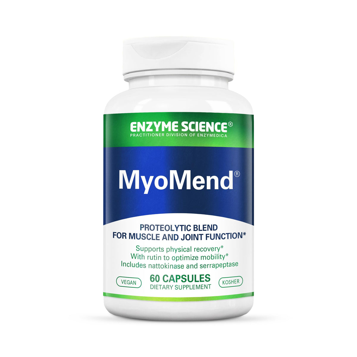 Enzyme Science Myomend bottle front highlights branding for muscle and joint support.