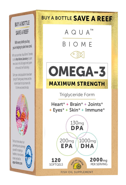 Enzymedica Aqua Biome Fish Oil bottle pouring supports microbiome diversity and overall health.