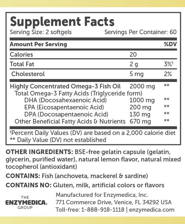 Enzymedica Aqua Biome Fish Oil label detail highlights DHA/EPA/DPA benefits.
