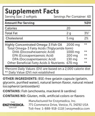 Enzymedica Aqua Biome Fish Oil label detail highlights DHA/EPA/DPA benefits.