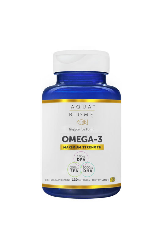 Enzymedica Aqua Biome Fish Oil softgels close-up aids energy and brain health.