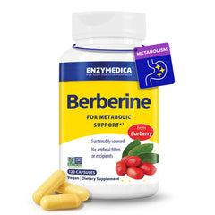 Enzymedica Berberine HCl 510mg bottle shows premium vegan formula for daily wellness